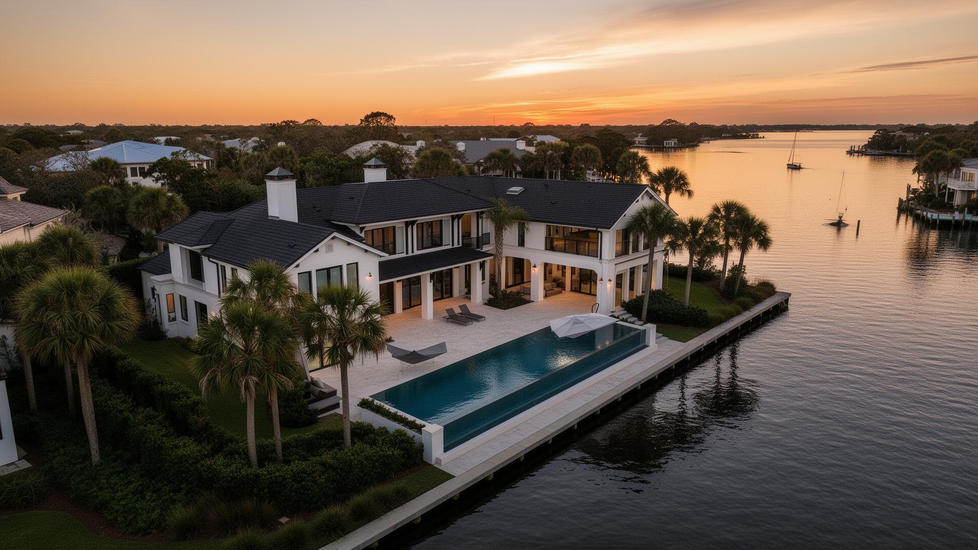 Luxury waterfront estate at sunset on the Intracoastal Waterway in Northeast Florida